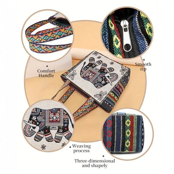 Black Elephant Embroidered Tote Bag Jacquard Fabric Boho - Picture 8 of 13